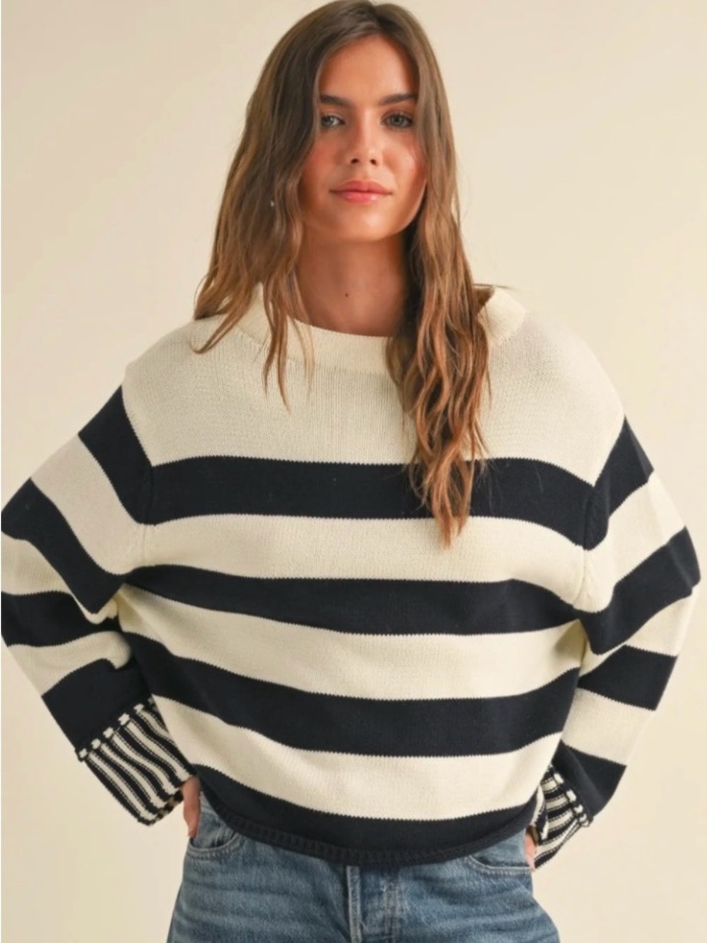Miou Muse Women's Striped Crewneck Sweater in Cream and Black